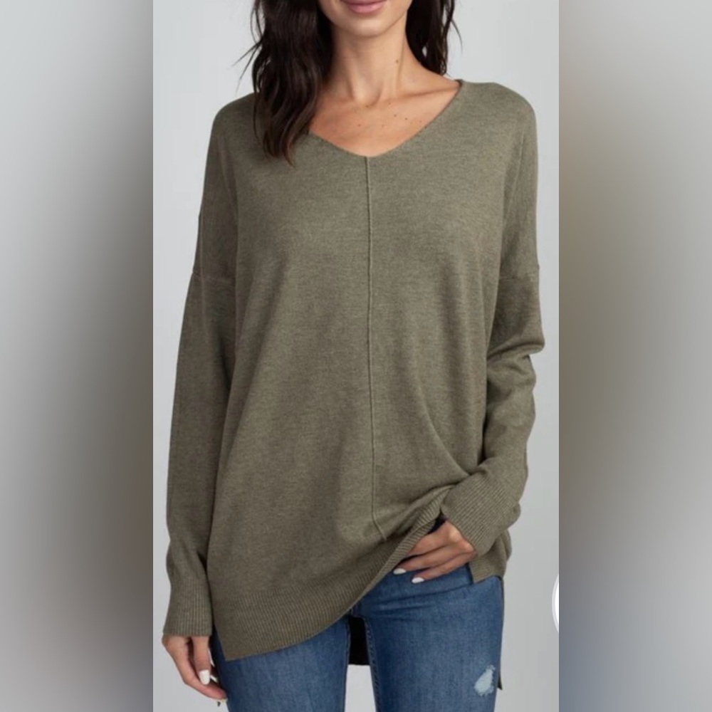 Heather Medium Olive Green Vneck Tunic Sweater